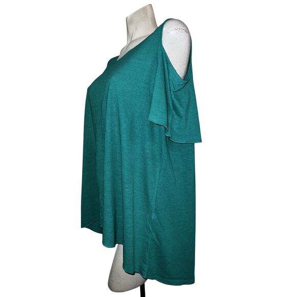 By Chicos Top Sz LP (2 Petite) Green Rayon Linen Blend Cold Shoulder Hi-Lo Tunic - Picture 4 of 6